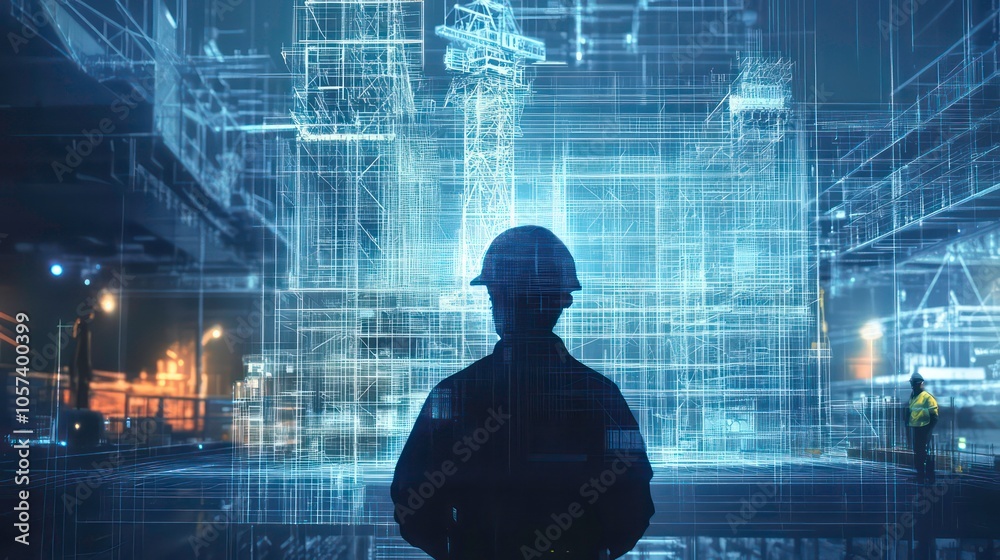 Poster A construction worker silhouetted against a digital blueprint of a building project.