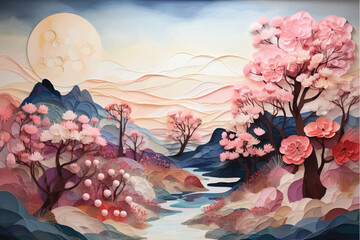 Sakura blossoms beautiful moon background