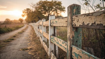 Obraz premium Weathered Fence with Peeling Paint in Bokeh Background for Rustic Decor