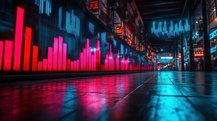 Low-angle view of a vibrant digital stock market display with red and blue data graphics, creating a high-tech, futuristic financial atmosphere.