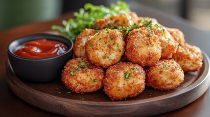 A platter of crispy fried snacks served with ketchup and garnished with herbs.