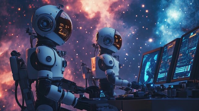 Robots working on a space station, conducting research against a backdrop of stars.