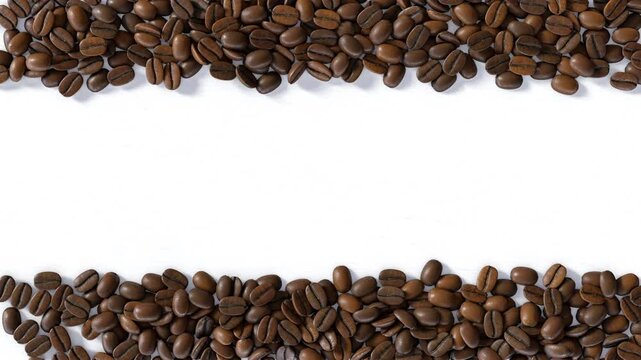 Top view of sweep roasted coffee beans to place text or logo. On white background. 3d animation render4K.