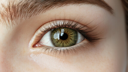 Obraz premium A very close-up front view of a realistic green eye of a brunette female 