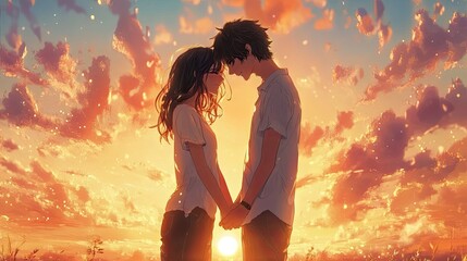 Obraz premium Romantic anime couple standing close, holding hands and smiling against a sunset sky.