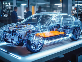 Futuristic holographic display of an electric vehicle highlighting its intricate internal components and technology.