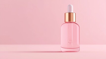 Elegant pink glass dropper bottle with rose gold cap on soft pink background, embodying luxury skincare and beauty trends in a minimalist style.