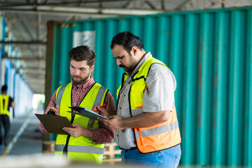 Two men in safety vests are looking at a clipboard. One of them is wearing a yellow vest