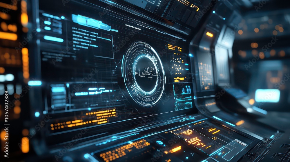 Poster Futuristic control panel displaying data and graphics for advanced technology.