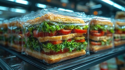 A display of neatly packaged sandwiches layered with vegetables, ready for sale.
