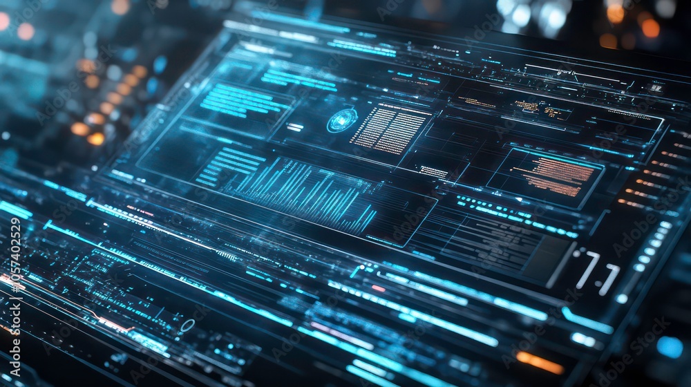 Poster A futuristic digital interface displaying data and analytics.