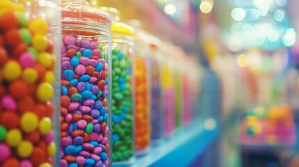 Vibrant candy dispensers filled with colorful gumballs and sweets line up in a whimsical display, creating a kaleidoscope of confectionery delights for the eyes.