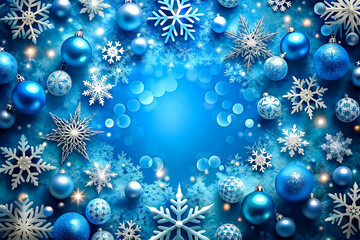 Blue Christmas and New Year backdrop with snowflakes and festive decorations.