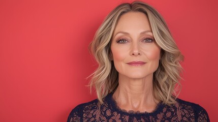 Fototapeta premium Elegant portrait of a mature woman against a vibrant red background showcasing beauty and confidence in contemporary photography