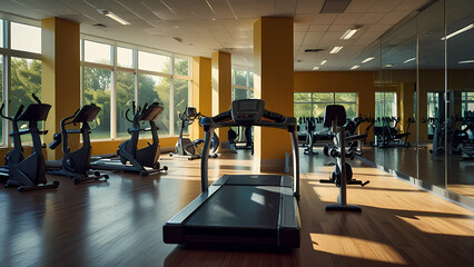 realistic image of a gym environment filled with a variety of gym equipment