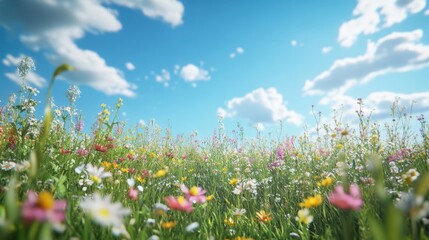 A meadow filled with wildflowers under a bright blue sky