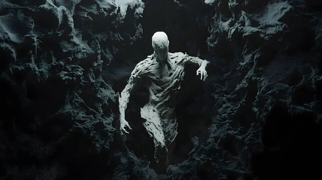 Cinematic 3D visualization of a singular ashen hued humanoid entity emerging from a coalesced black formation their stance and demeanor radiating an impression of unshakable leadership and power