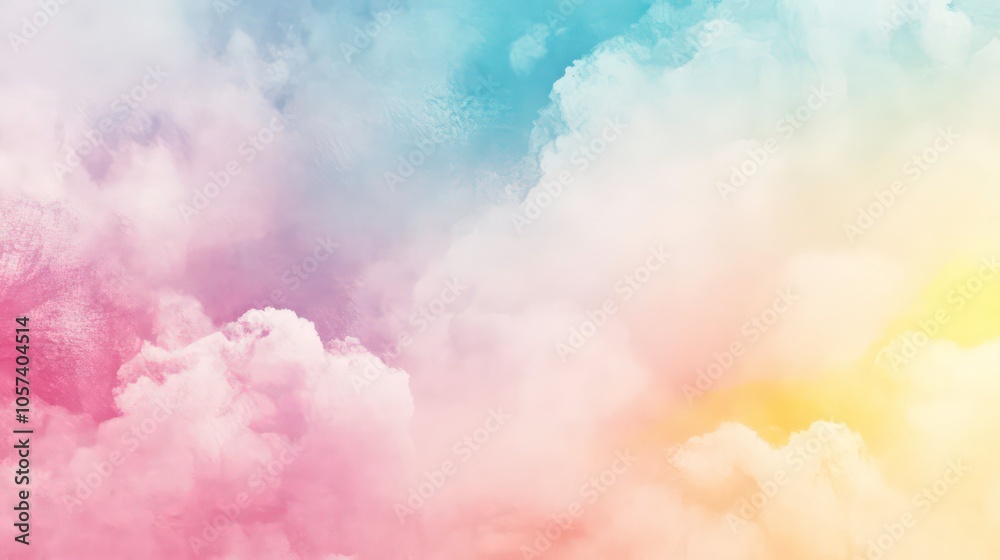 Poster a dreamy sky filled with pastel-colored clouds, creating a serene and calming atmosphere.