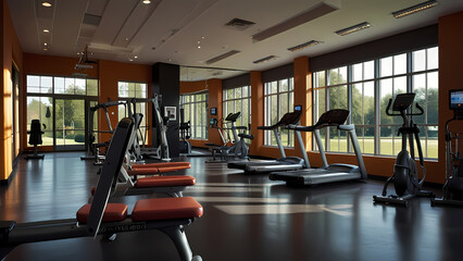 realistic image of a gym environment filled with a variety of gym equipment