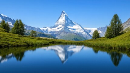 A snowy mountain peak reflecting in a crystal-clear alpine lake