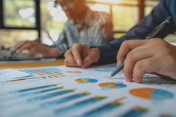 Fototapeta premium Hands business team having a meeting to analyze data graph charts for a marketing plan in the office