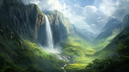 Fototapeta premium A waterfall cascading down a rocky cliff into a lush green valley