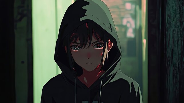 Young anime boy with a hoodie covering his face, exuding a cool, enigmatic vibe in a shadowy setting.