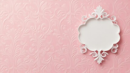 A decorative white mirror is against a textured pink wall, creating a stylish and elegant atmosphere.