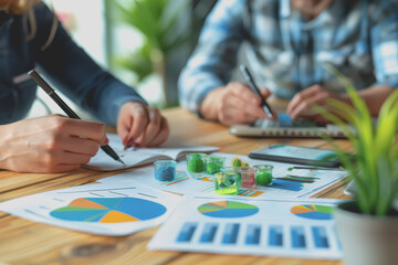 Fototapeta premium Hands business team having a meeting to analyze data graph charts for a marketing plan in the office