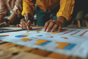 Fototapeta premium Hands business team having a meeting to analyze data graph charts for a marketing plan in the office