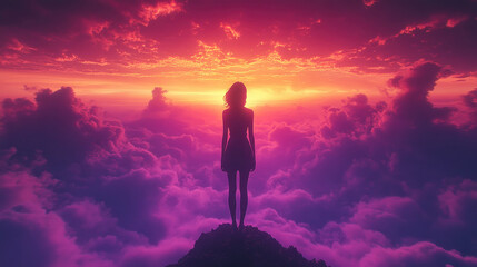 Fototapeta premium A person silhouetted against vibrant clouds watches the sun dip below the horizon, creating a magical sunset atmosphere in the mountains