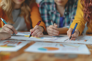 Hands business team having a meeting to analyze data graph charts for a marketing plan in the office