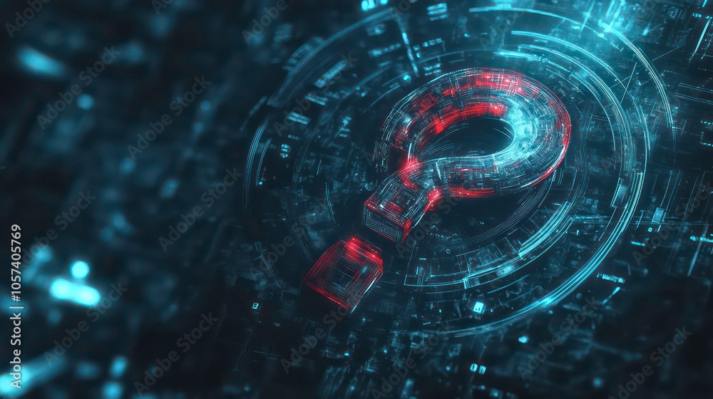 Aufkleber A digital question mark surrounded by abstract technology elements.
