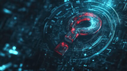 A digital question mark surrounded by abstract technology elements.