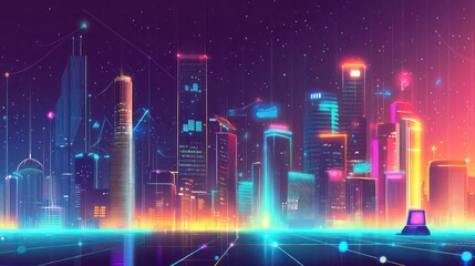 Fototapeta premium A vibrant, futuristic cityscape illuminated by neon lights and digital elements.