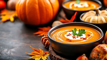 Creamy Pumpkin Soup in Bowl with Fresh Parsley Garnish