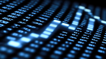 A visualization of digital data shows blue lines and numerical values indicating trends and fluctuations in a graph format at night