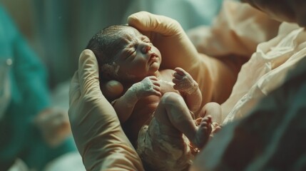 A baby is being held by a doctor in a hospital