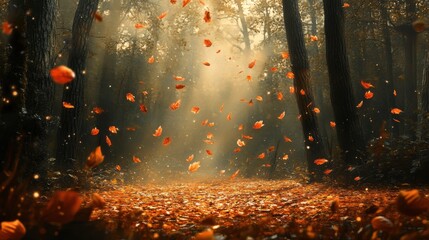 Autumn leaves falling in a quiet forest