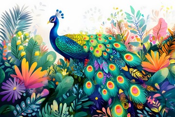 Fototapeta premium A Vibrant Peacock Amidst Lush Tropical Foliage