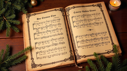 Vintage hymn book with Christmas decorations and candlelight