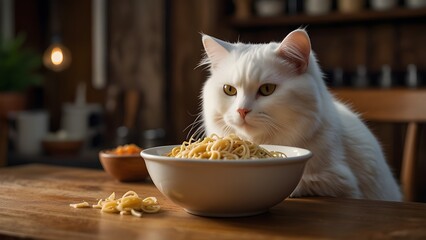 A fluffy white cat eagerly eating chicken noodles from a bowl on a wooden dining table. The background features a cozy kitchen with warm lighting and rustic decor.