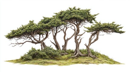 Cluster of cedar trees with textured branches, creating a rustic forest scene, isolated on white background