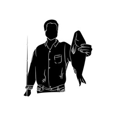 Silhouette of a fisherman holding a caught fish and a fishing rod.
