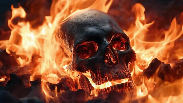 A skull in a bed of fire, Scene is eerie and spooky	
