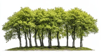 Cluster of leafy green beech trees with natural textures, capturing woodland charm, isolated on white background