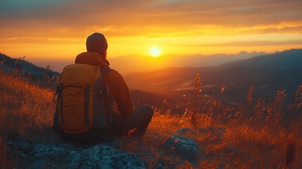 Obraz premium A lone hiker sits on a mountaintop at sunset, gazing out at the view. He is silhouetted against the bright orange sky, and his backpack sits beside him.