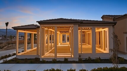Obraz premium New Home Construction Illuminated Wooden Framework of a Spacious Modern House at Twilight.