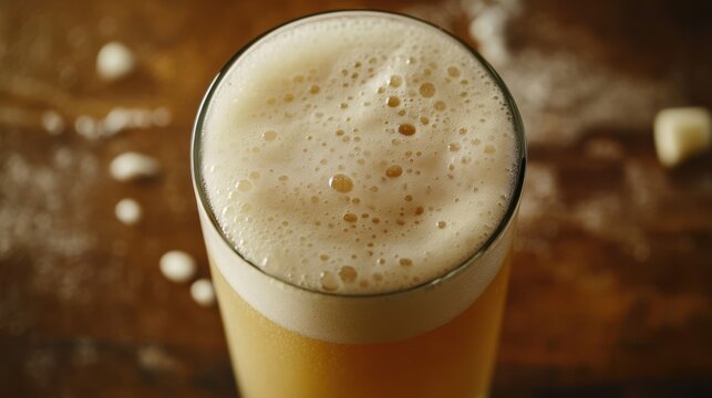 Cold beer with a thick, frothy head in a pint glass