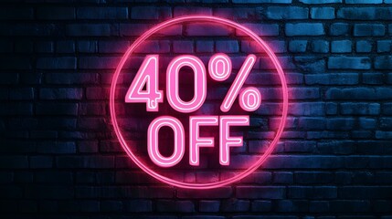 Obraz premium Pink Neon '40% OFF' Sign on a Brick Wall